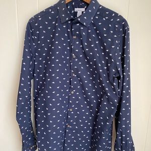 Bar III Slim Fit Stretch Men’s Long Sleeve button shirt | Navy paper airplanes L